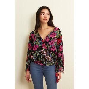 New Anthropologie Tiny Finley V-Neck Top $98 large LG Black Motif